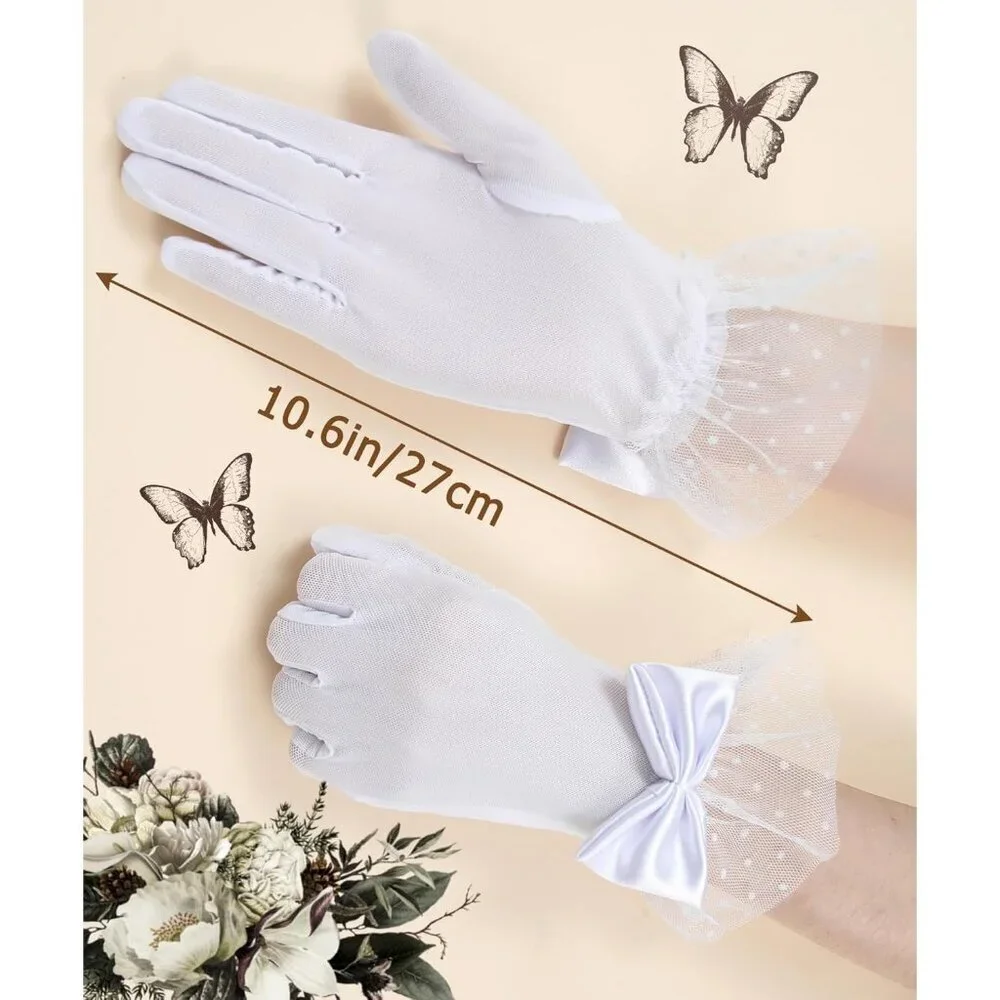 Women's Bow Lace Short Gloves White Princess Wedding Evening Party Accessories